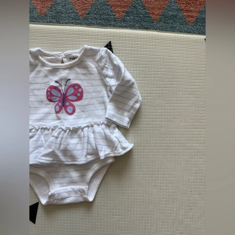 Pekkle|Baby girl soft white striped butterfly print onesie dress in size 6M•••
